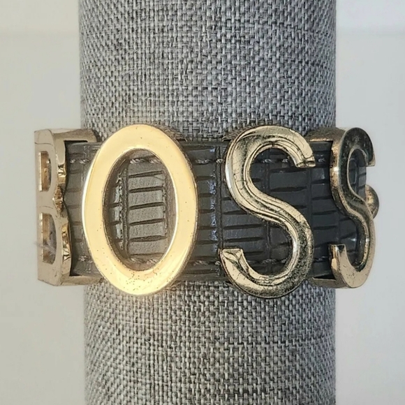 BCBGeneration BOSS Leather Cuff Bracelet Gold Tone Letter Charm BCBG Boho Snap - Picture 10 of 10